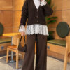 Lace-Trimmed Sleeve Gathered Knit Cardigan Brown - Image 3