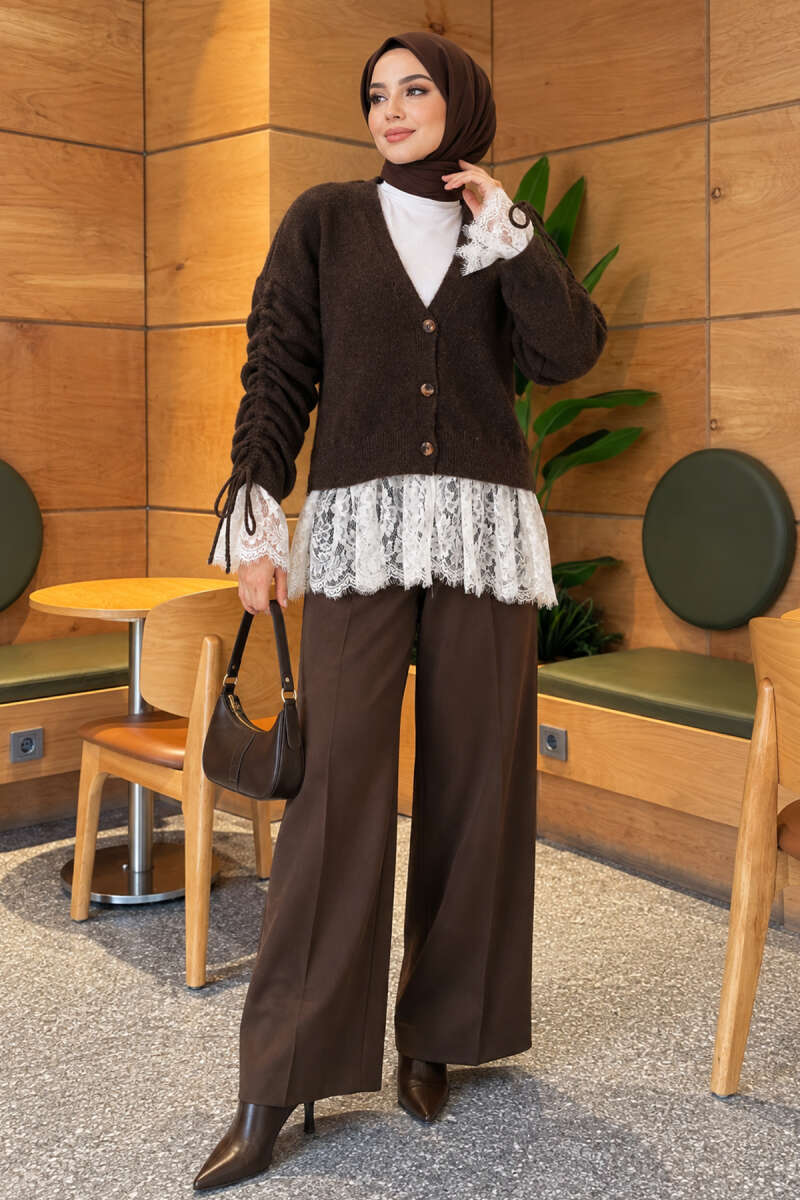 Lace-Trimmed Sleeve Gathered Knit Cardigan Brown - Image 3