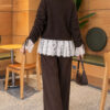 Lace-Trimmed Sleeve Gathered Knit Cardigan Brown - Image 4