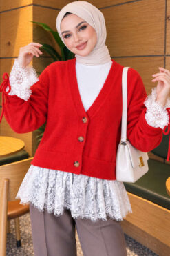 Lace-Trimmed Sleeve Gathered Knit Cardigan Red