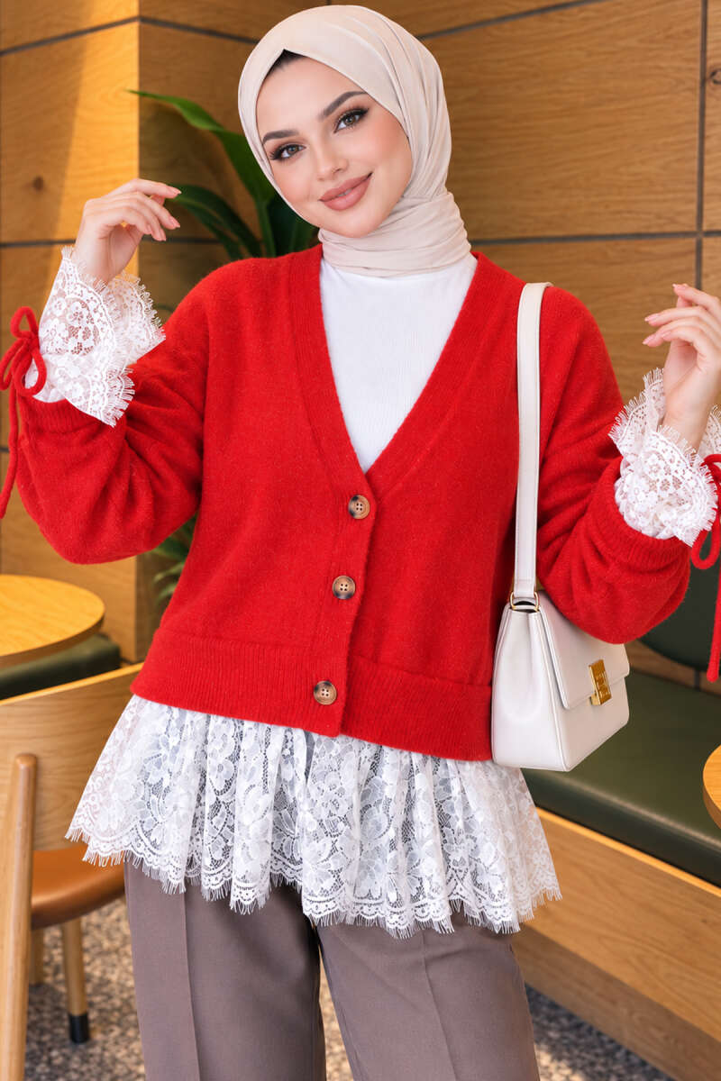 Lace-Trimmed Sleeve Gathered Knit Cardigan Red