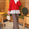 Lace-Trimmed Sleeve Gathered Knit Cardigan Red - immagine 2
