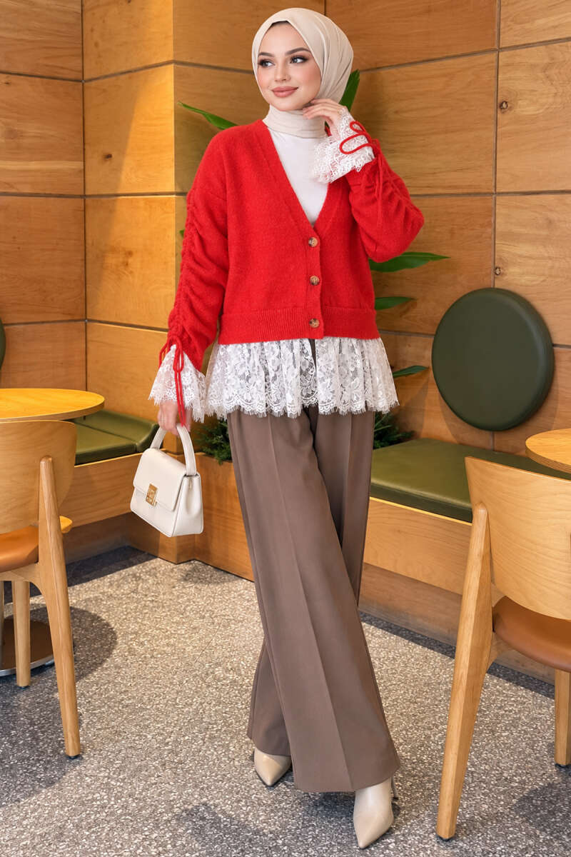 Lace-Trimmed Sleeve Gathered Knit Cardigan Red - immagine 2