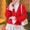 Lace-Trimmed Sleeve Gathered Knit Cardigan Red - immagine 3