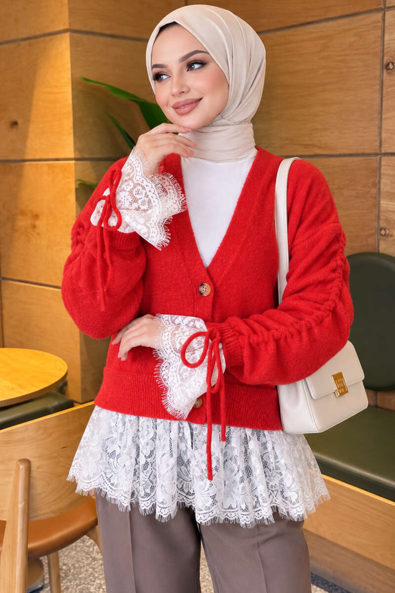 Lace-Trimmed Sleeve Gathered Knit Cardigan Red - immagine 3