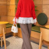 Lace-Trimmed Sleeve Gathered Knit Cardigan Red - immagine 4