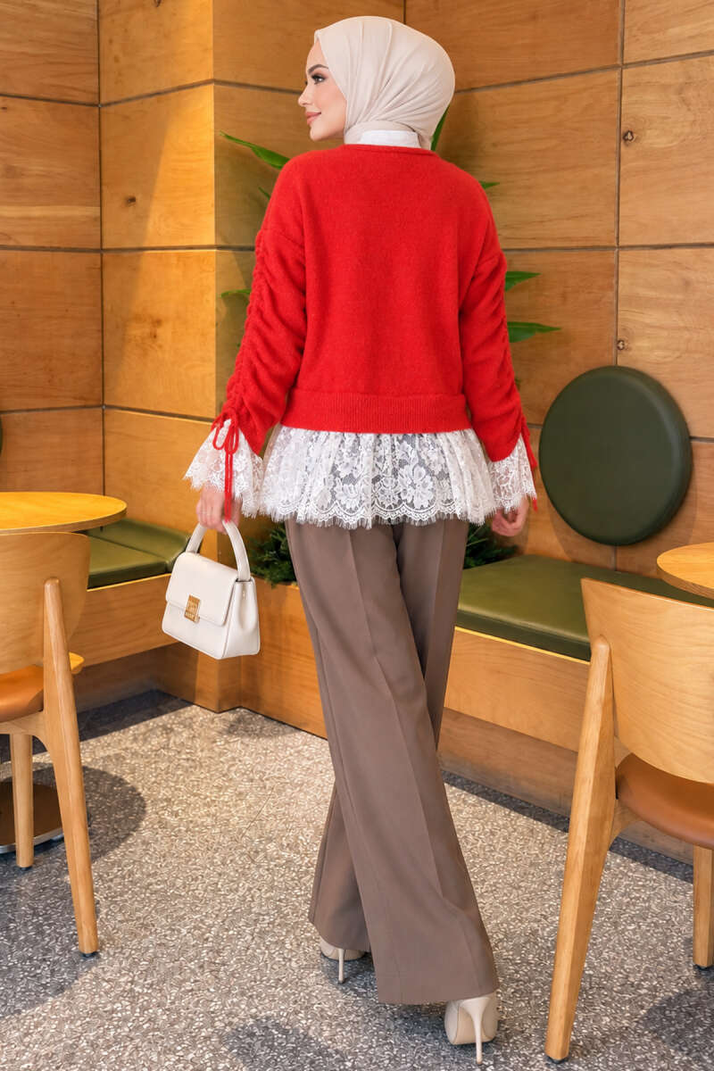 Lace-Trimmed Sleeve Gathered Knit Cardigan Red - immagine 4