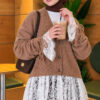 Lace-Trimmed Sleeve Gathered Knit Cardigan Latte