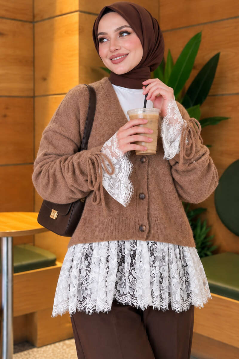 Lace-Trimmed Sleeve Gathered Knit Cardigan Latte