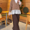 Lace-Trimmed Sleeve Gathered Knit Cardigan Latte - الصورة 2