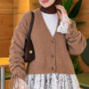 Lace-Trimmed Sleeve Gathered Knit Cardigan Latte - الصورة 3