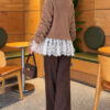Lace-Trimmed Sleeve Gathered Knit Cardigan Latte - الصورة 4