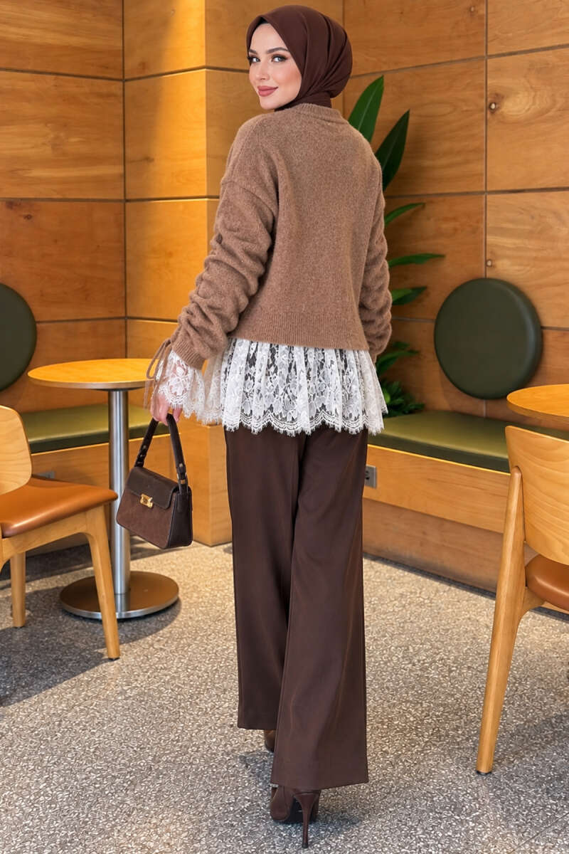 Lace-Trimmed Sleeve Gathered Knit Cardigan Latte - الصورة 4