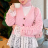 Lace-Trimmed Sleeve Gathered Knit Cardigan Pink