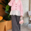 Lace-Trimmed Sleeve Gathered Knit Cardigan Pink - Imagen 2