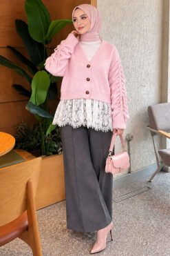 Alternative view of Lace-Trimmed Sleeve Gathered Knit Cardigan Pink