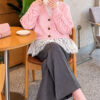 Lace-Trimmed Sleeve Gathered Knit Cardigan Pink - Imagen 3