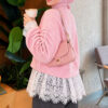 Lace-Trimmed Sleeve Gathered Knit Cardigan Pink - Imagen 4