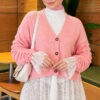 Lace-Trimmed Sleeve Gathered Knit Cardigan Powder Pink