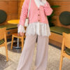 Lace-Trimmed Sleeve Gathered Knit Cardigan Powder Pink – Image 2