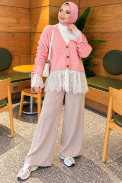 Alternative view of Lace-Trimmed Sleeve Gathered Knit Cardigan Powder Pink