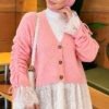 Lace-Trimmed Sleeve Gathered Knit Cardigan Powder Pink – Image 3