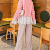 Lace-Trimmed Sleeve Gathered Knit Cardigan Powder Pink – Image 4