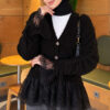 Lace-Trimmed Sleeve Gathered Knit Cardigan Black