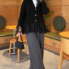 Lace-Trimmed Sleeve Gathered Knit Cardigan Black - الصورة 2