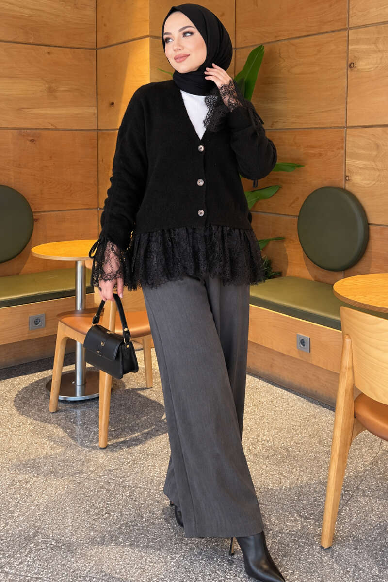 Lace-Trimmed Sleeve Gathered Knit Cardigan Black - الصورة 2