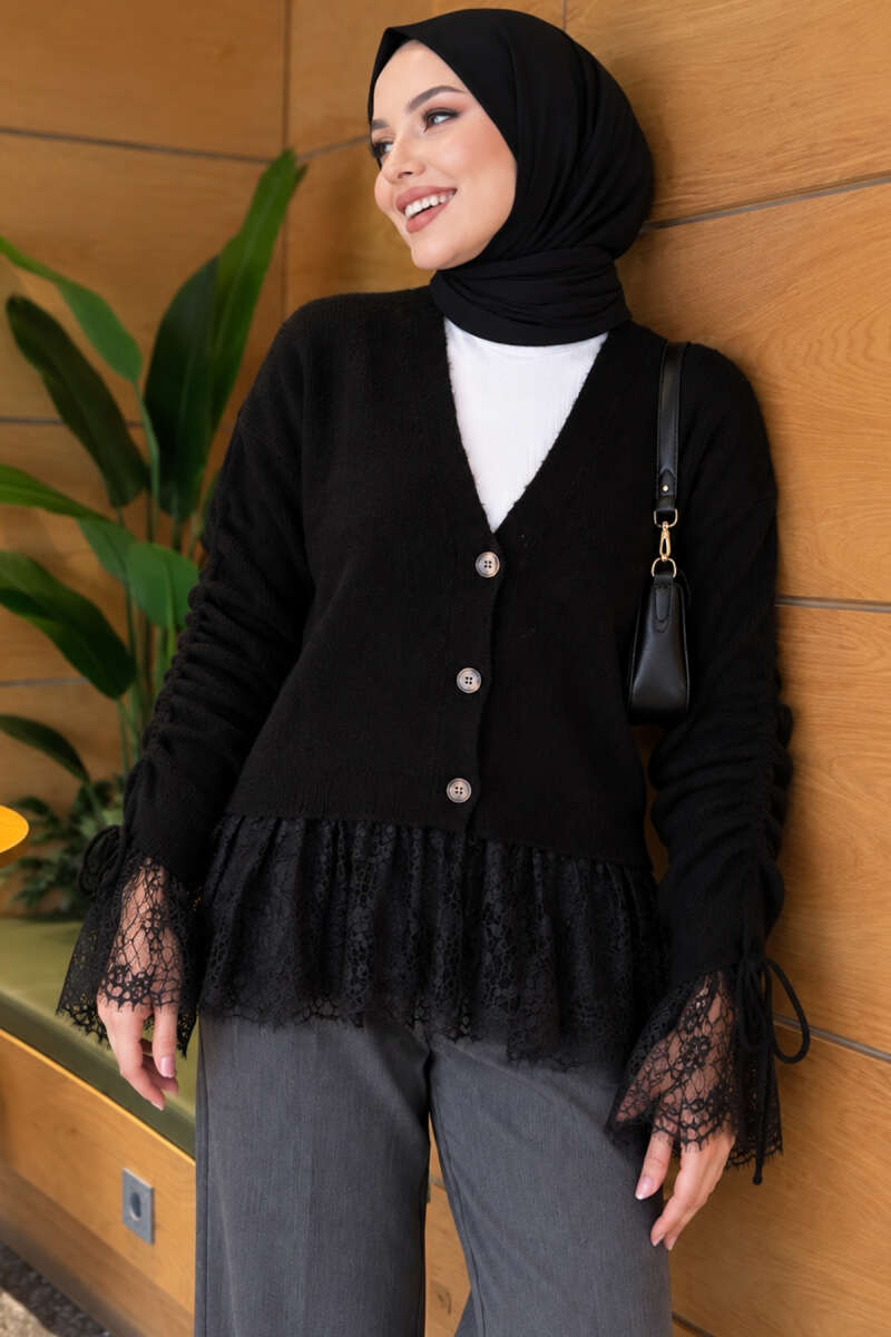 Lace-Trimmed Sleeve Gathered Knit Cardigan Black - الصورة 3