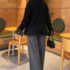 Lace-Trimmed Sleeve Gathered Knit Cardigan Black - الصورة 4