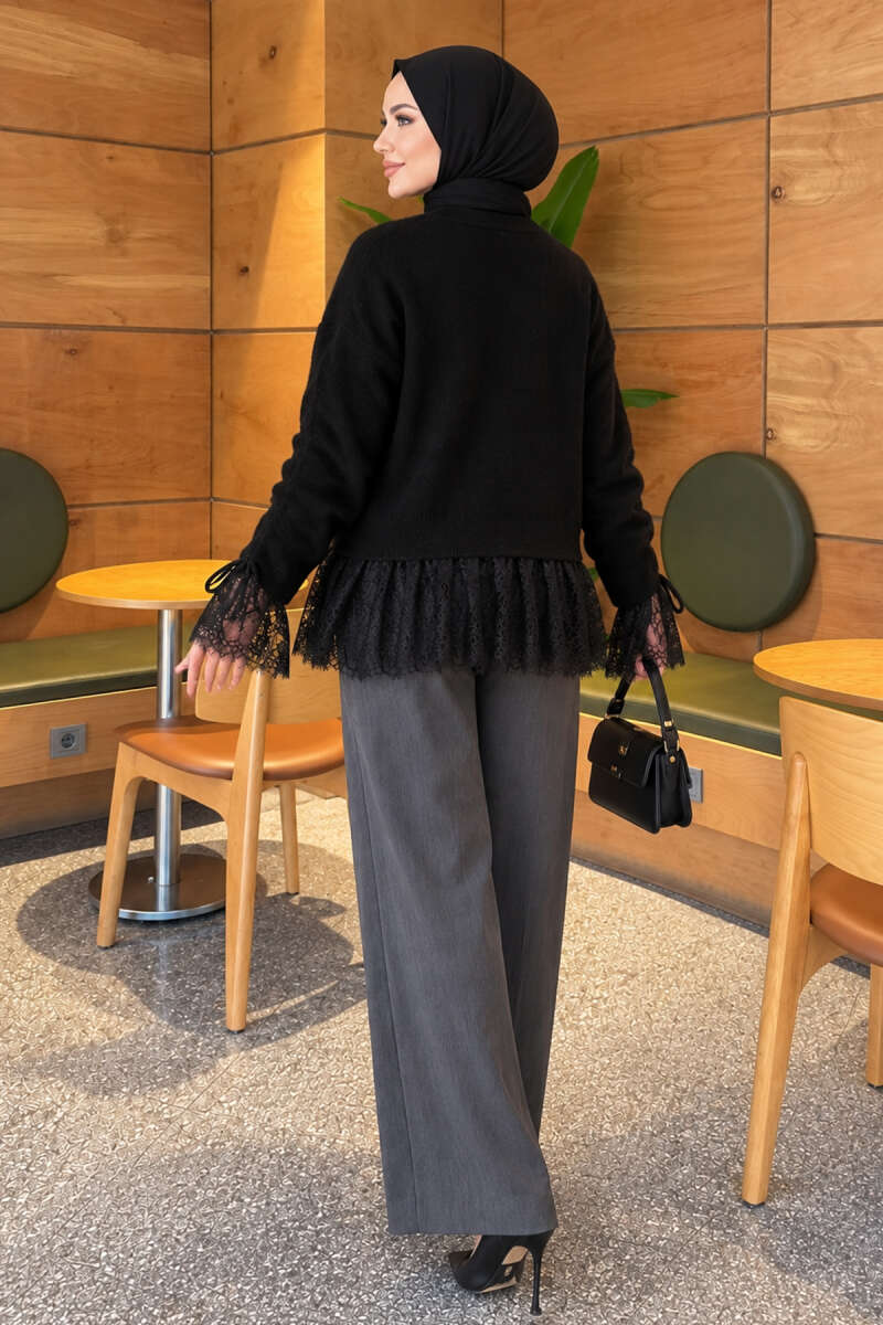 Lace-Trimmed Sleeve Gathered Knit Cardigan Black - الصورة 4