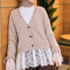 Lace-Trimmed Sleeve Gathered Knit Cardigan Stone