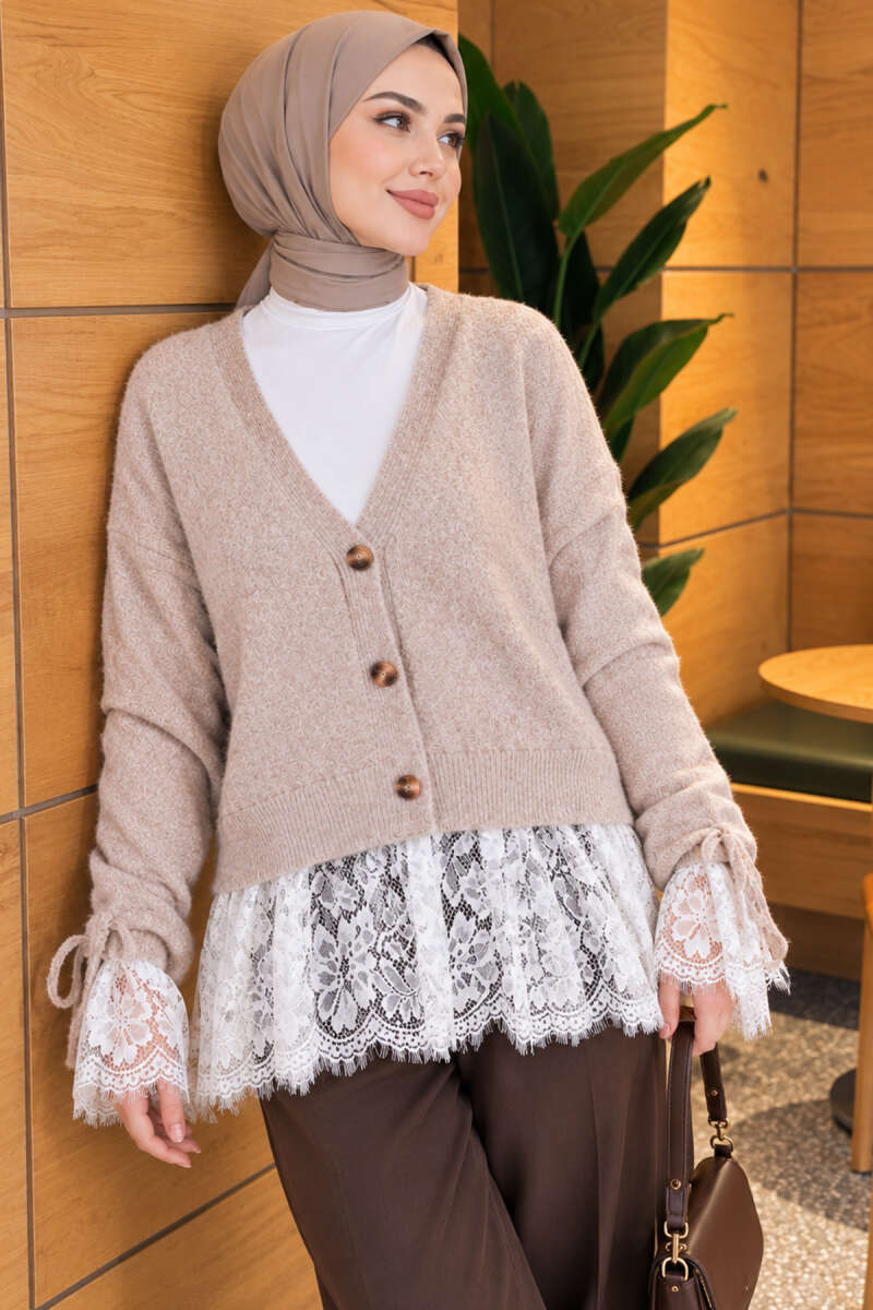 Lace-Trimmed Sleeve Gathered Knit Cardigan Stone