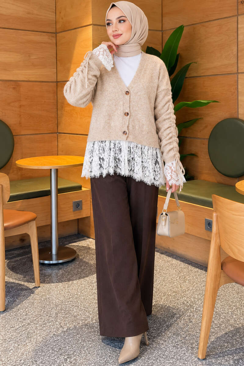 Lace-Trimmed Sleeve Gathered Knit Cardigan Stone - immagine 2