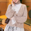 Lace-Trimmed Sleeve Gathered Knit Cardigan Stone - immagine 3