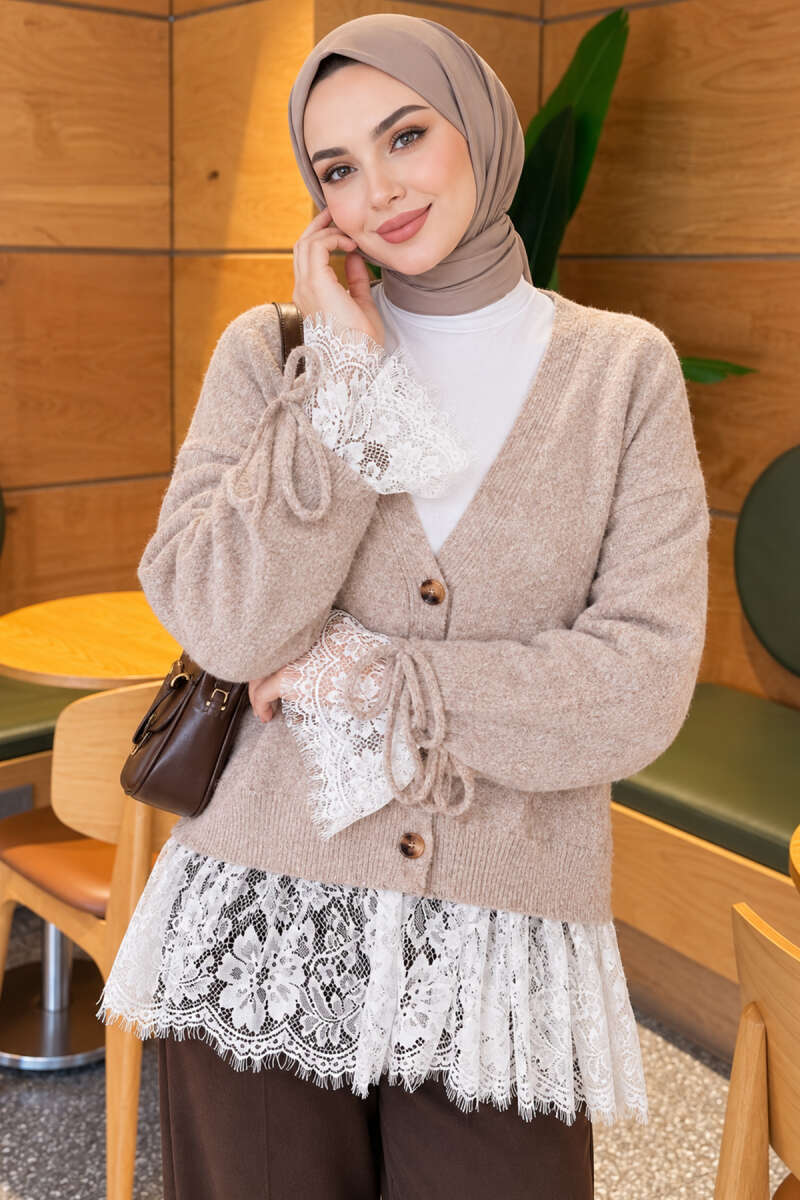 Lace-Trimmed Sleeve Gathered Knit Cardigan Stone - immagine 3
