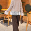 Lace-Trimmed Sleeve Gathered Knit Cardigan Stone - immagine 4