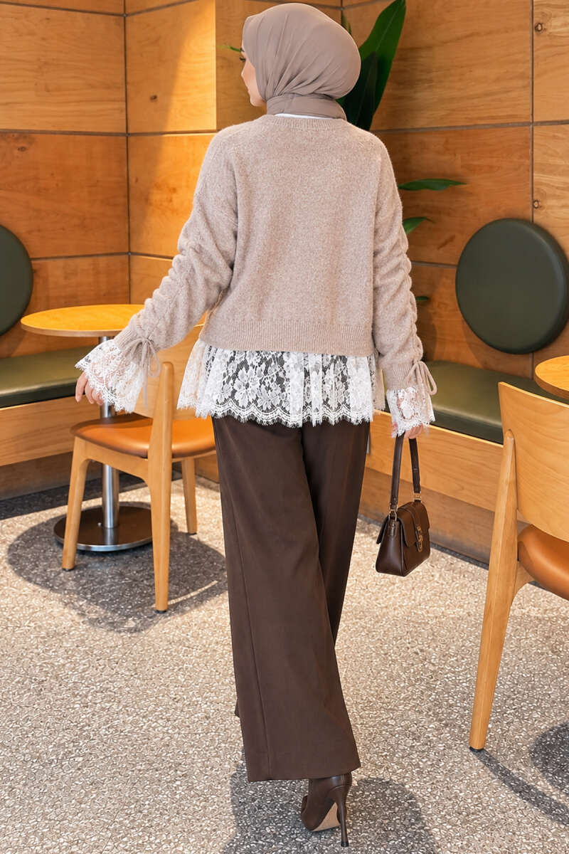 Lace-Trimmed Sleeve Gathered Knit Cardigan Stone - immagine 4