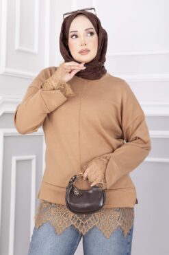 Alternative view of Lace-Accented Knit Sweater Camel
