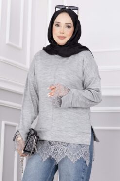 Alternative view of Lace-Accented Knit Sweater Grey
