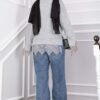 Lace-Accented Knit Sweater Grey - الصورة 4