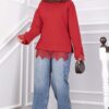 Lace-Accented Knit Sweater Red