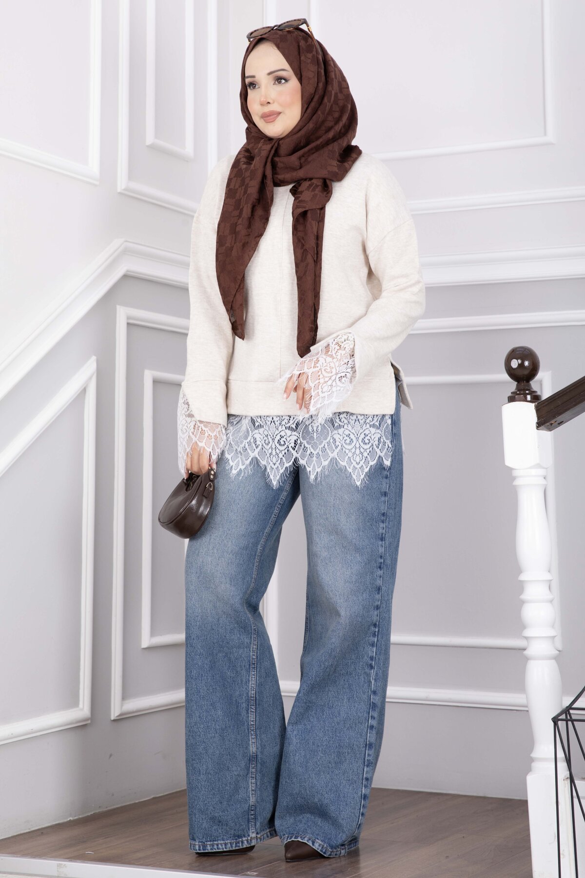 Lace-Accented Knit Sweater Cream
