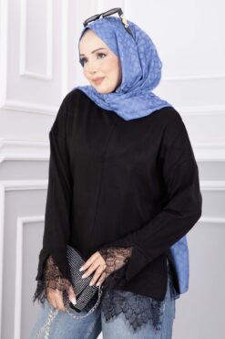 Alternative view of Lace-Accented Knit Sweater Black