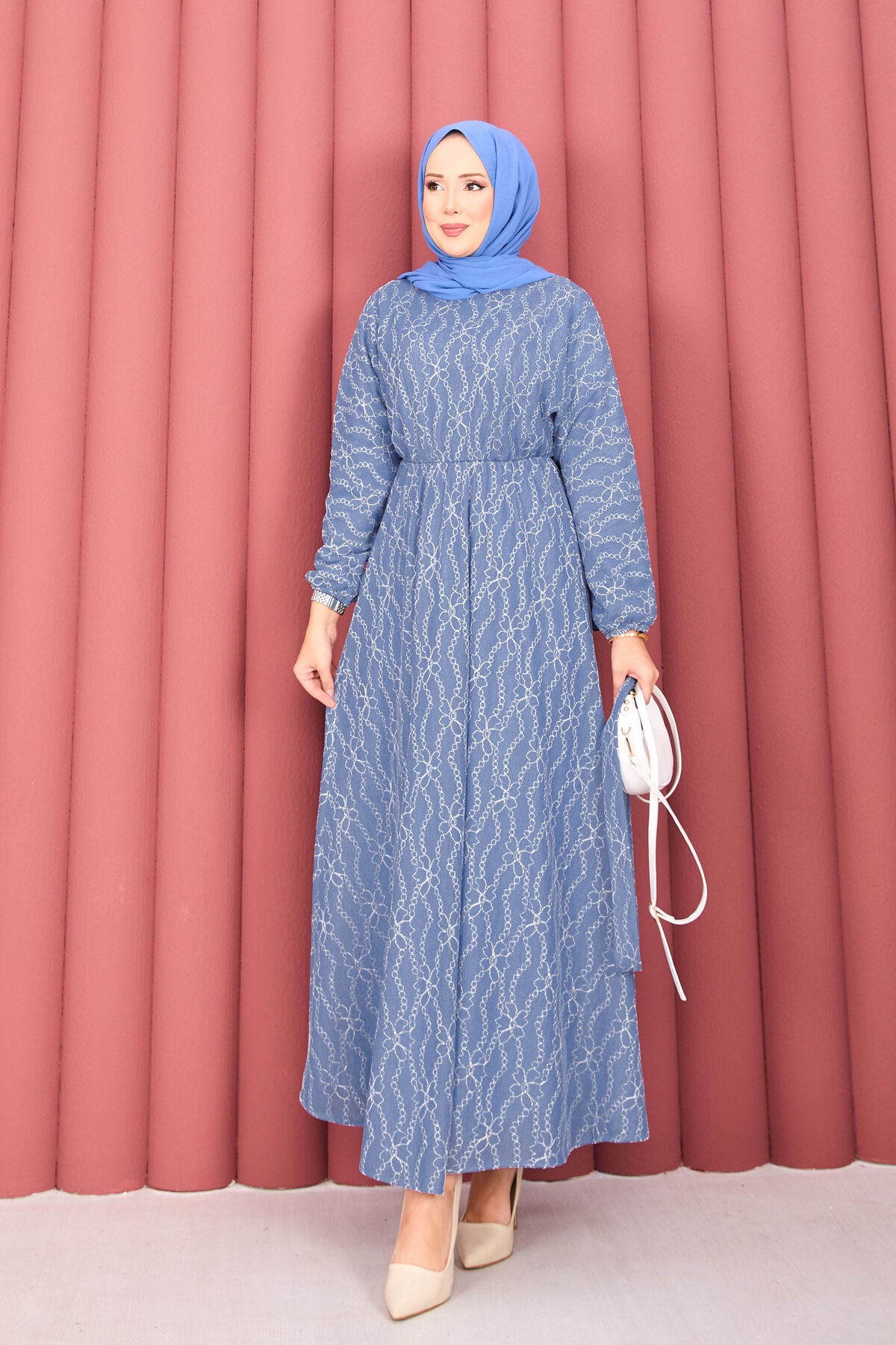 Textured Lace Wrap Dress with Removable Belt for Modest Wear Indigo - Imagen 3