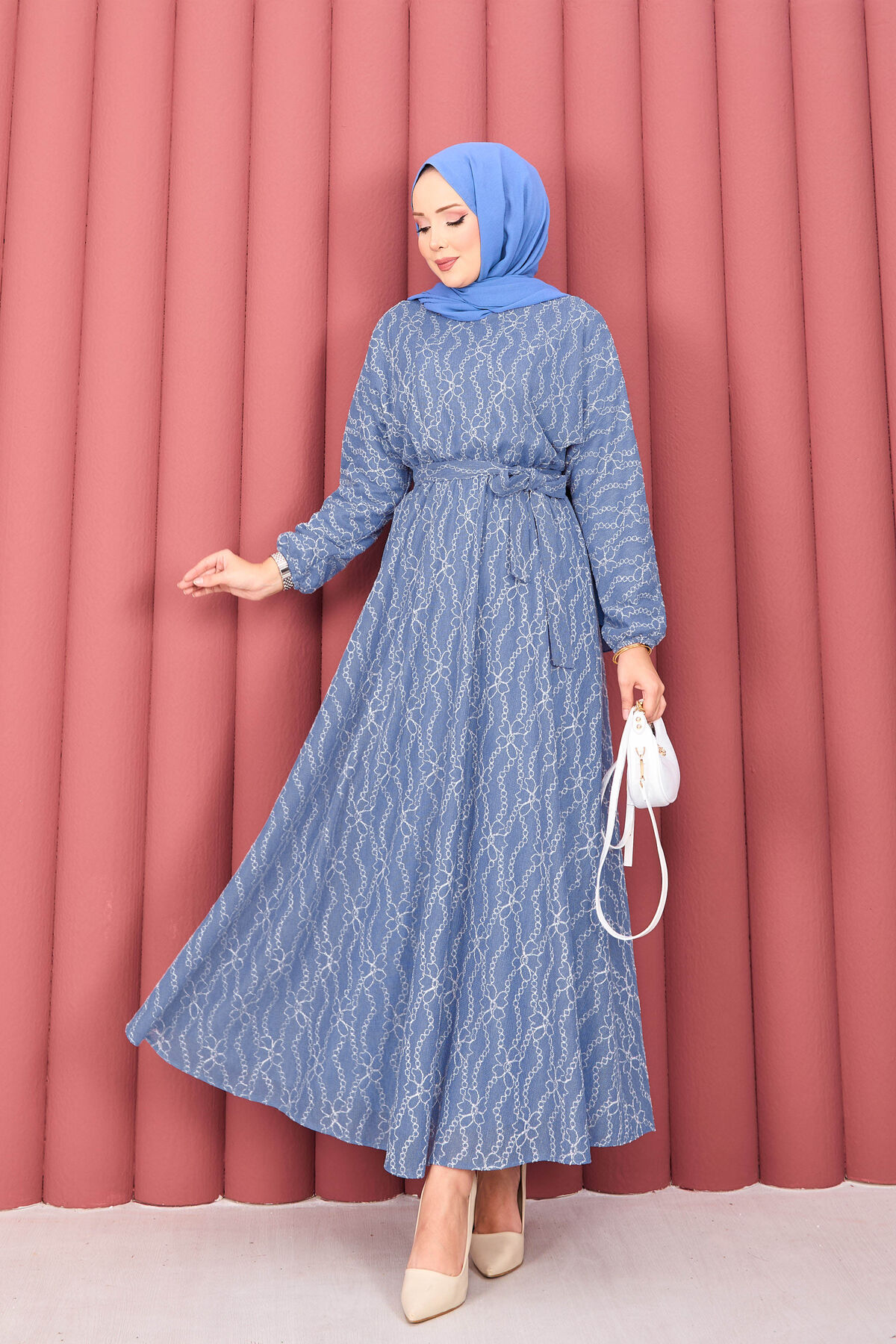 Textured Lace Wrap Dress with Removable Belt for Modest Wear Indigo - Imagen 4