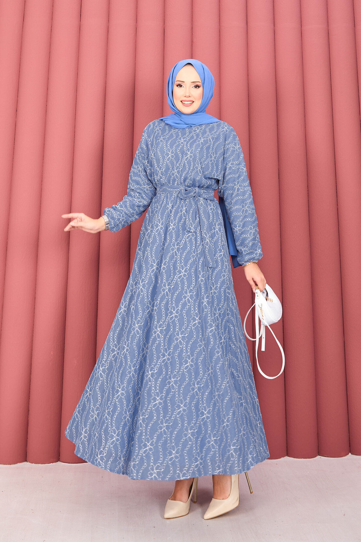 Textured Lace Wrap Dress with Removable Belt for Modest Wear Indigo - Imagen 5