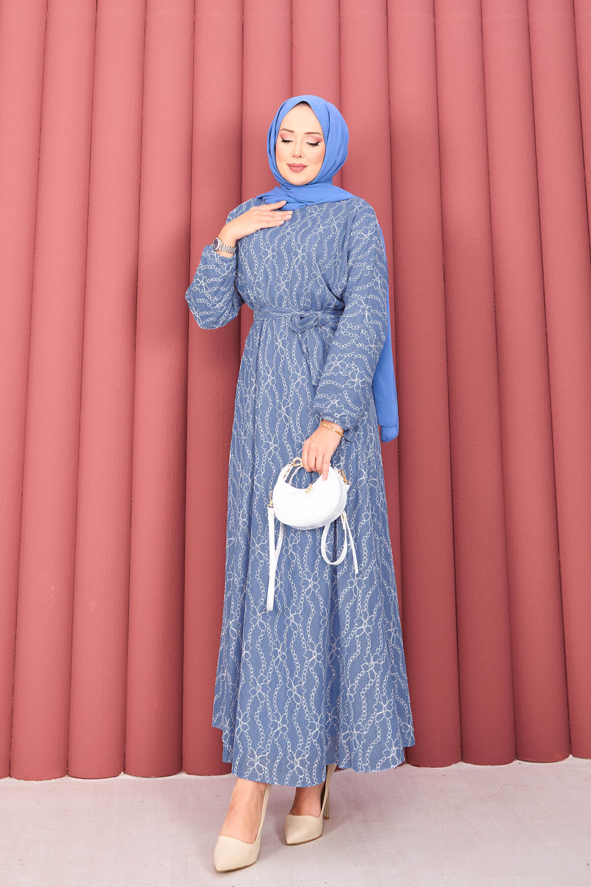 Textured Lace Wrap Dress with Removable Belt for Modest Wear Indigo